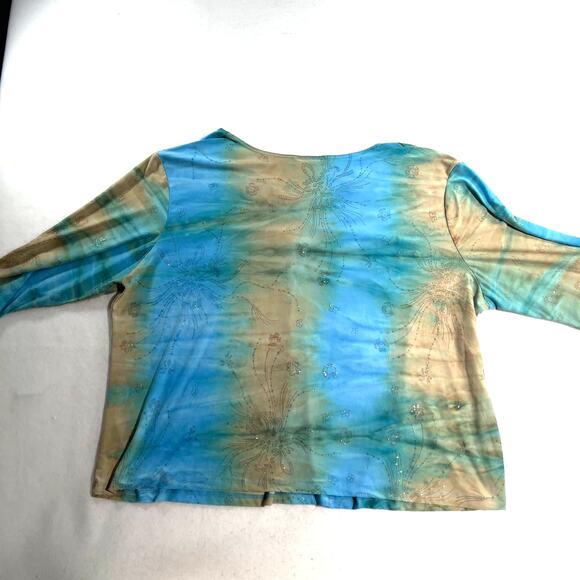 Only Nine Woman Top Metallic Thread Sparkle Floral Tye Dye Blue Green Brown - Picture 5 of 9